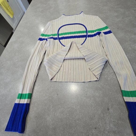 BDG Kiara Women's Open Back Ribbed Long Sleeve Sweater Beige Green Navy - Medium - Picture 8 of 13